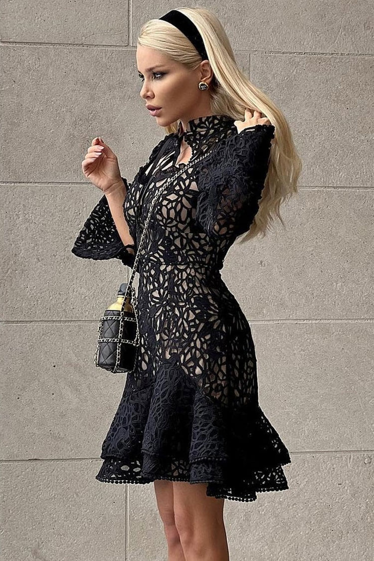 Black Mandarin Collar Puff Sleeve Crochet Lace Keyhole Tiered Ruffle Mini Dress