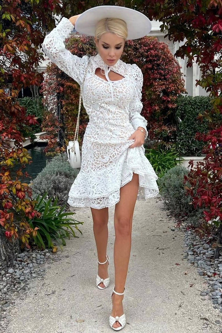White Mandarin Collar Long Sleeve Crochet Lace Tiered Ruffle Mini Dress