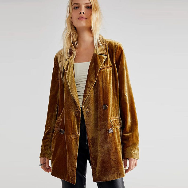 Gold Velvet Lapel Collar Double Breasted Long Sleeve Blazer