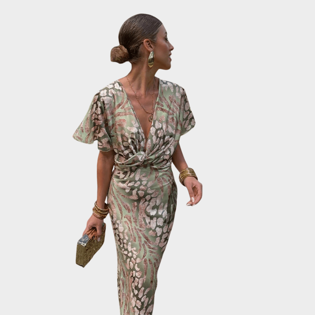 Deep V-Neck Twist Front Satin Animal Print Bodycon Midi Dress