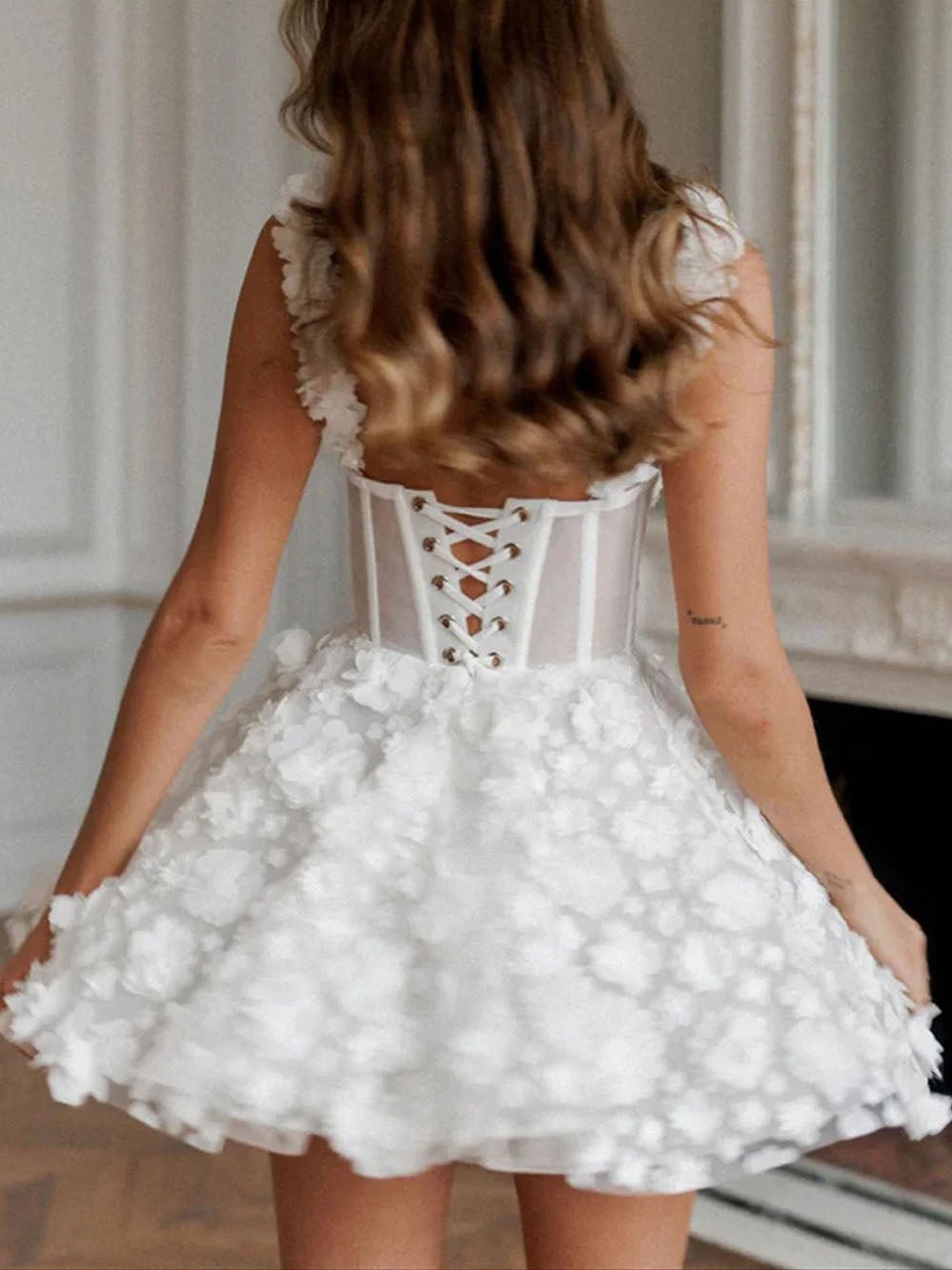 White 3D Floral Applique Corset Sweetheart Fit and Flare Mini Dress 2