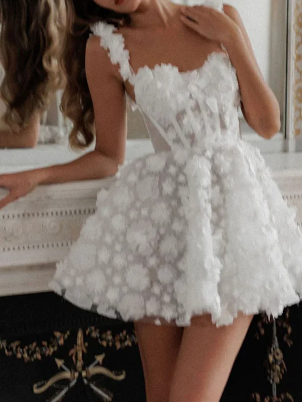 White 3D Floral Applique Corset Sweetheart Fit and Flare Mini Dress 3