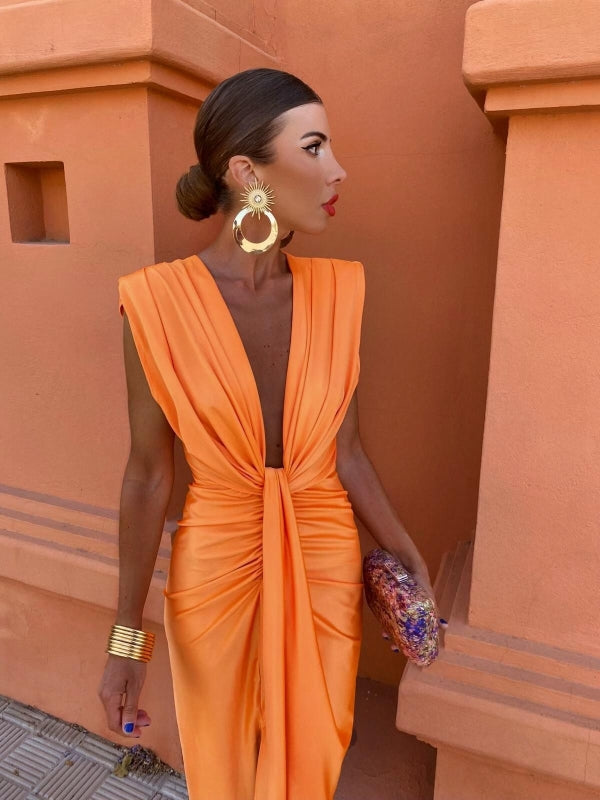Plunge Neck Sleeveless Twist Front Ruched High Slit Bodycon Midi Dress