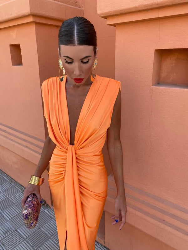 Plunge Neck Sleeveless Twist Front Ruched High Slit Bodycon Midi Dress