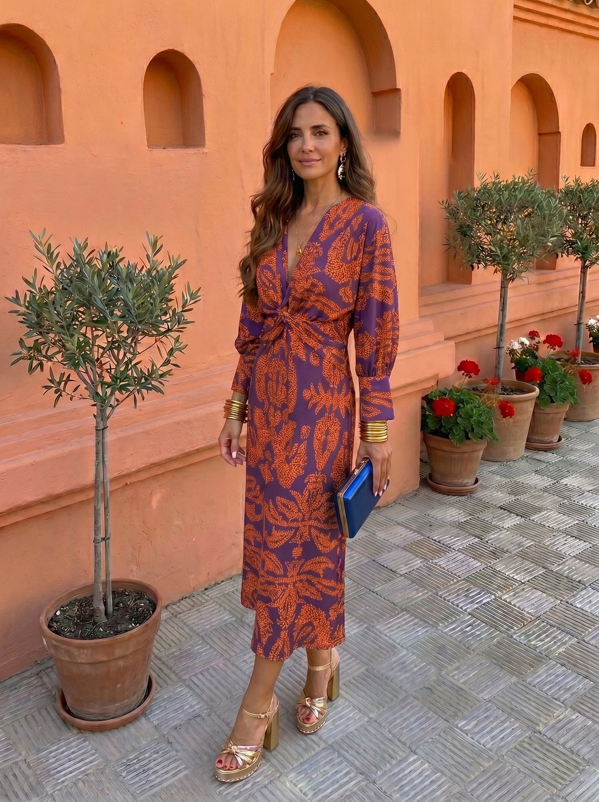 V-Neck Long Sleeve Twist Front Printed Sheath Midi Dress