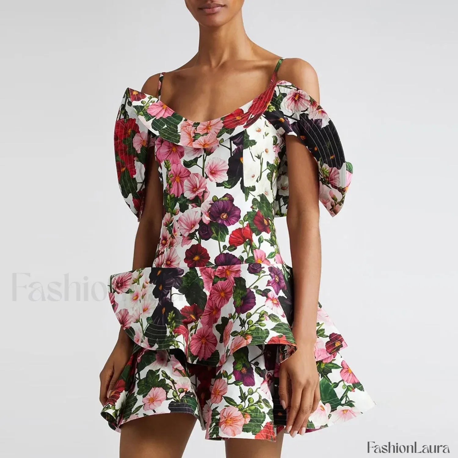 Colorblock Short-Sleeve Floral Dress