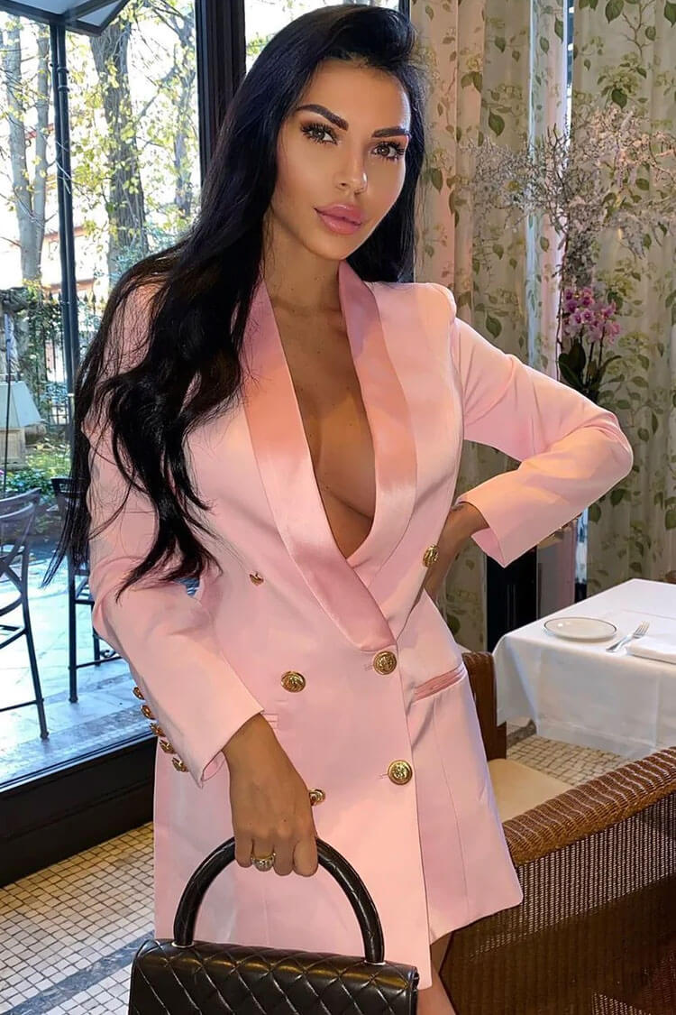 Pink Shawl Lapel Long Sleeve Double Breasted Gold Button Blazer Dress