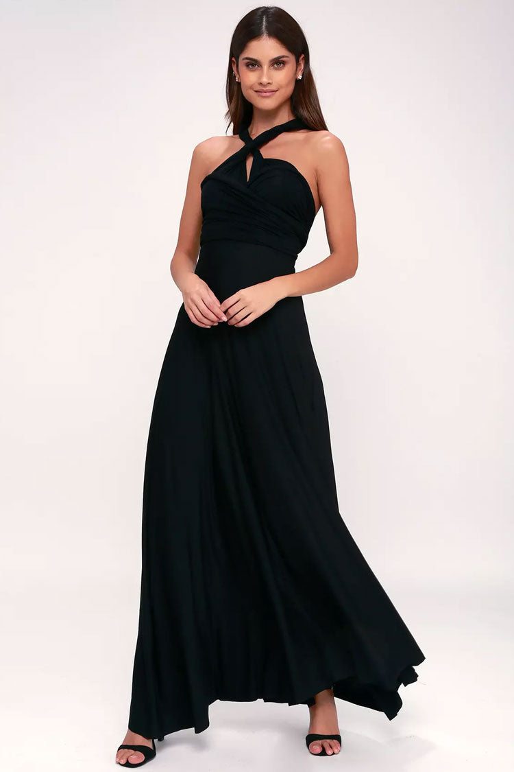 Black Plunge V-Neck Convertible Wrap Crossover Waist A-Line Maxi Dress