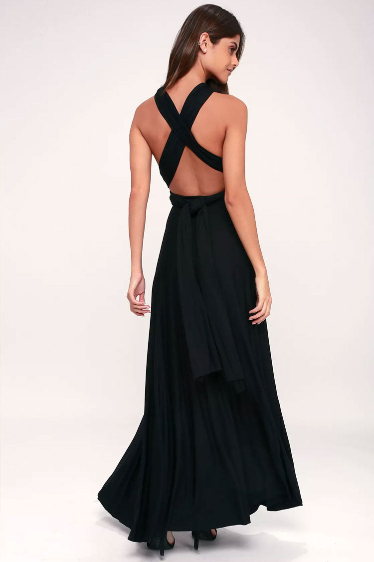 Black Plunge V-Neck Convertible Wrap Crossover Waist A-Line Maxi Dress