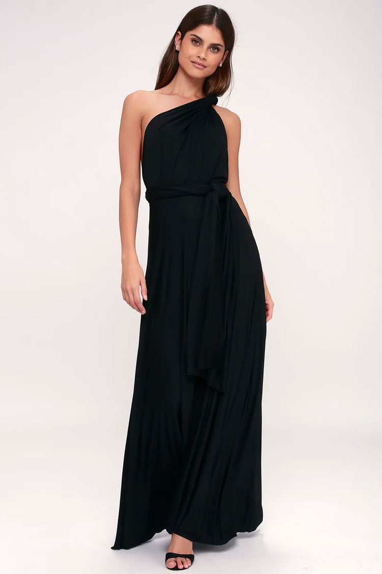 Black Plunge V-Neck Convertible Wrap Crossover Waist A-Line Maxi Dress