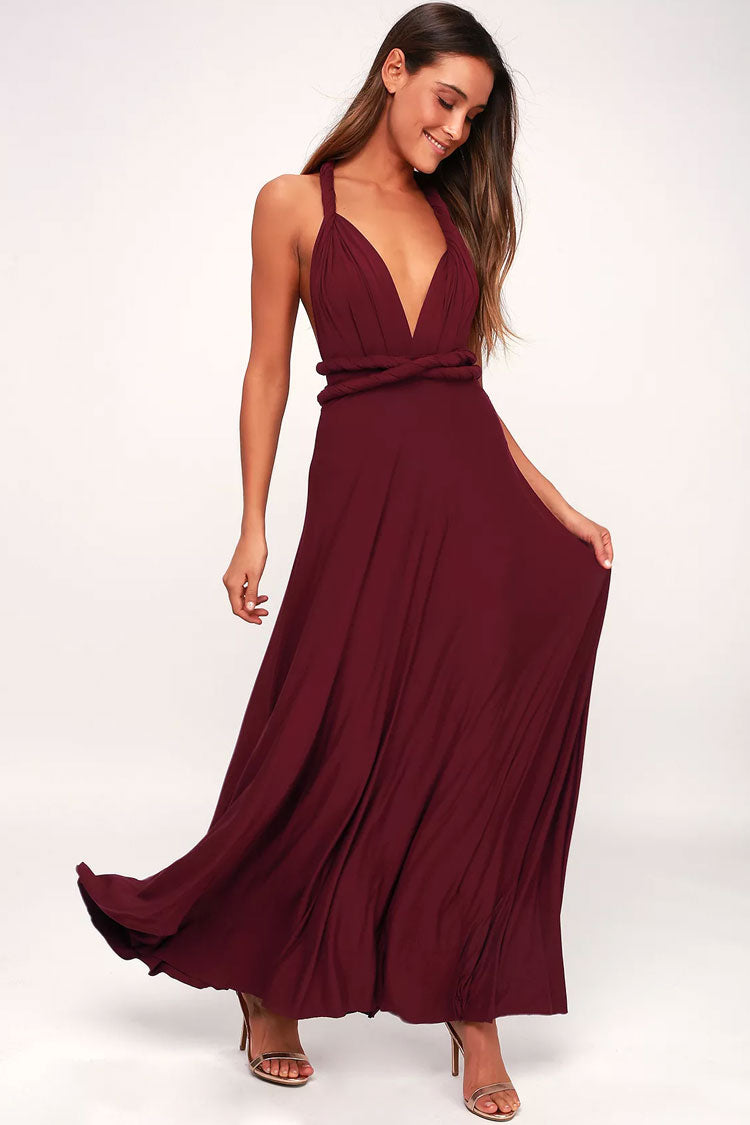 Burgundy Plunge V-Neck Convertible Wrap Twist Waist A-Line Maxi Dress