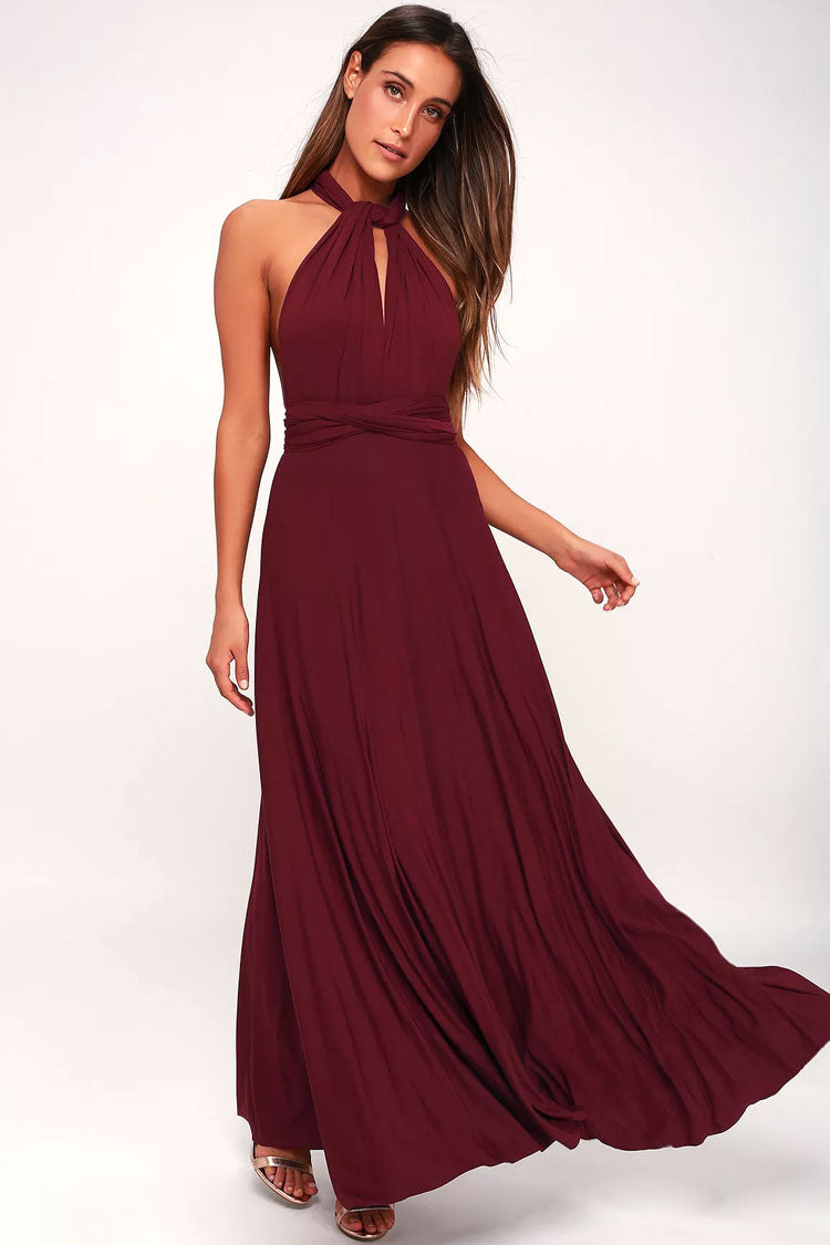 Burgundy Plunge V-Neck Convertible Wrap Twist Waist A-Line Maxi Dress