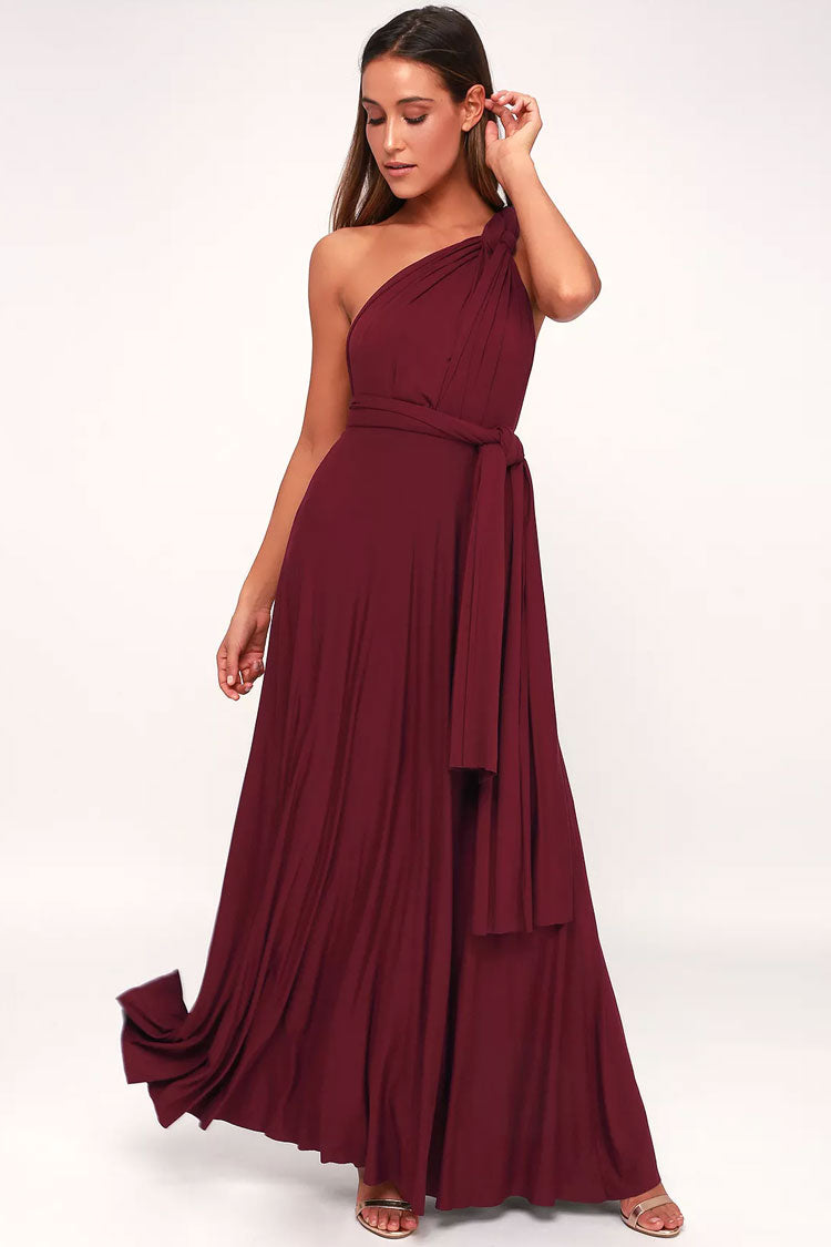 Burgundy Plunge V-Neck Convertible Wrap Twist Waist A-Line Maxi Dress