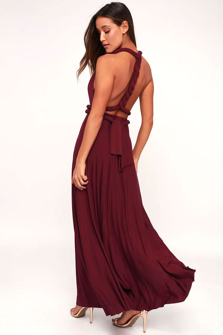 Burgundy Plunge V-Neck Convertible Wrap Twist Waist A-Line Maxi Dress