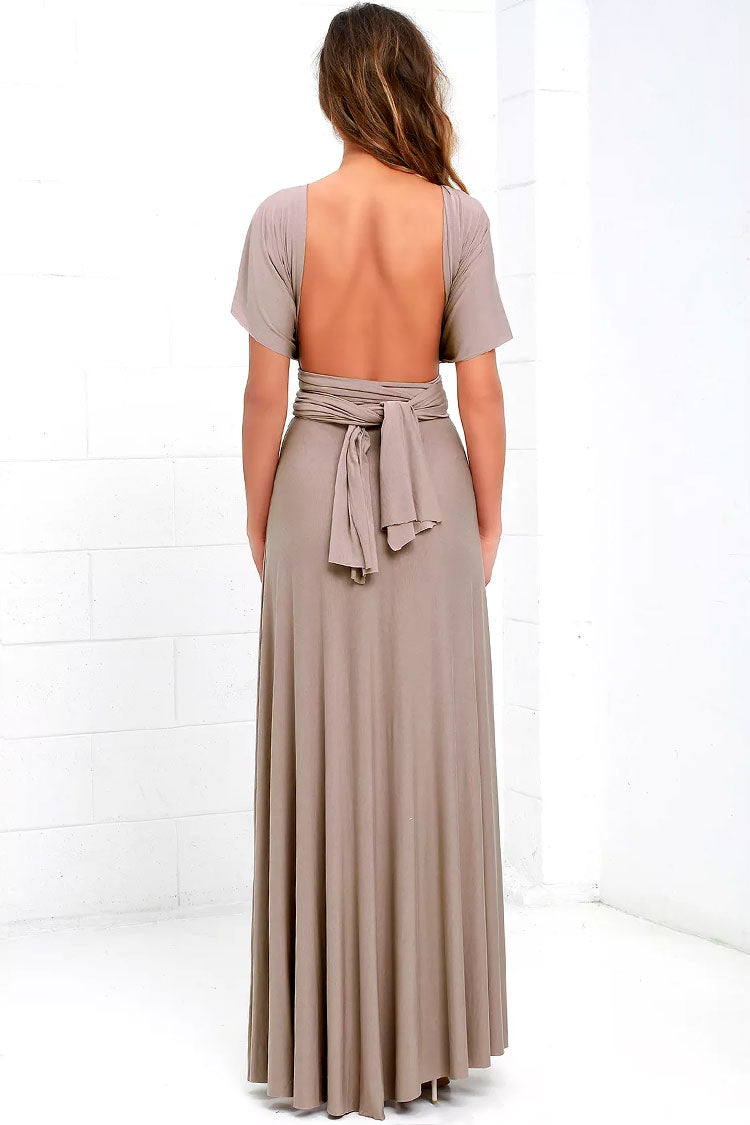 Khaki Deep V-Neck Convertible Wrap Waist A-Line Maxi Gown