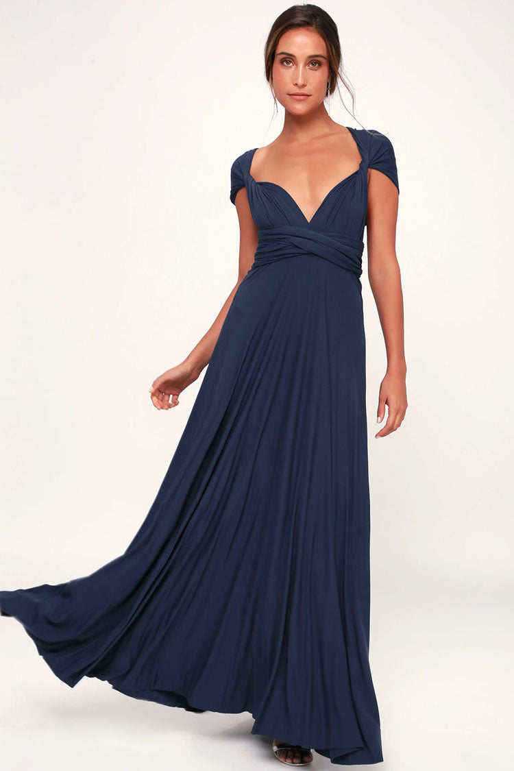 Navy Blue Sweetheart Convertible Wrap Bodice A-Line Maxi Gown