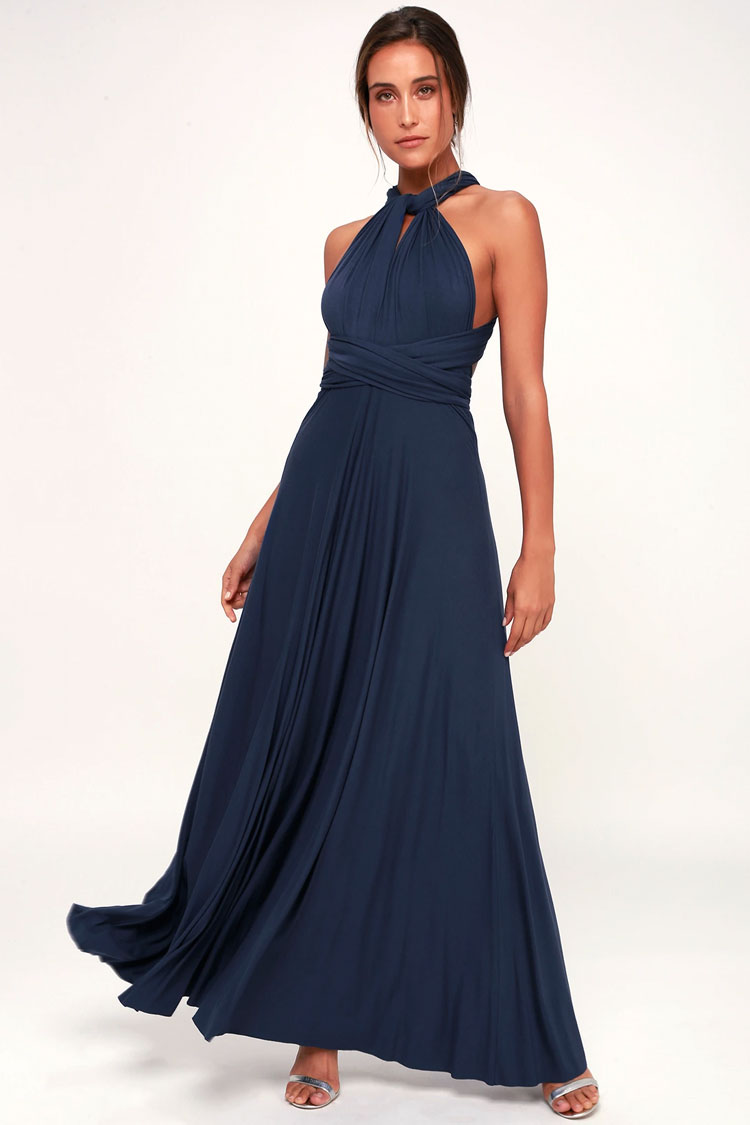 Navy Blue Sweetheart Convertible Wrap Bodice A-Line Maxi Gown