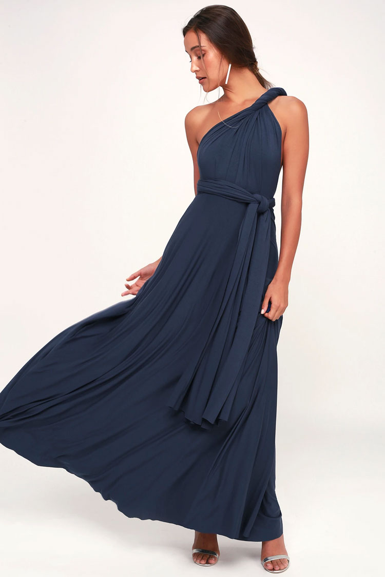 Navy Blue Sweetheart Convertible Wrap Bodice A-Line Maxi Gown