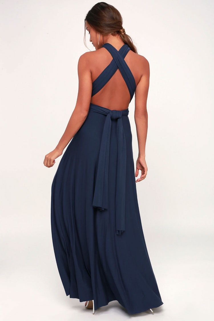 Navy Blue Sweetheart Convertible Wrap Bodice A-Line Maxi Gown