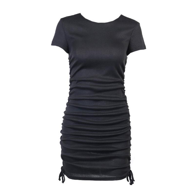 Black Crew Neck Short Sleeve Ribbed Drawstring Ruched Bodycon Mini Dress