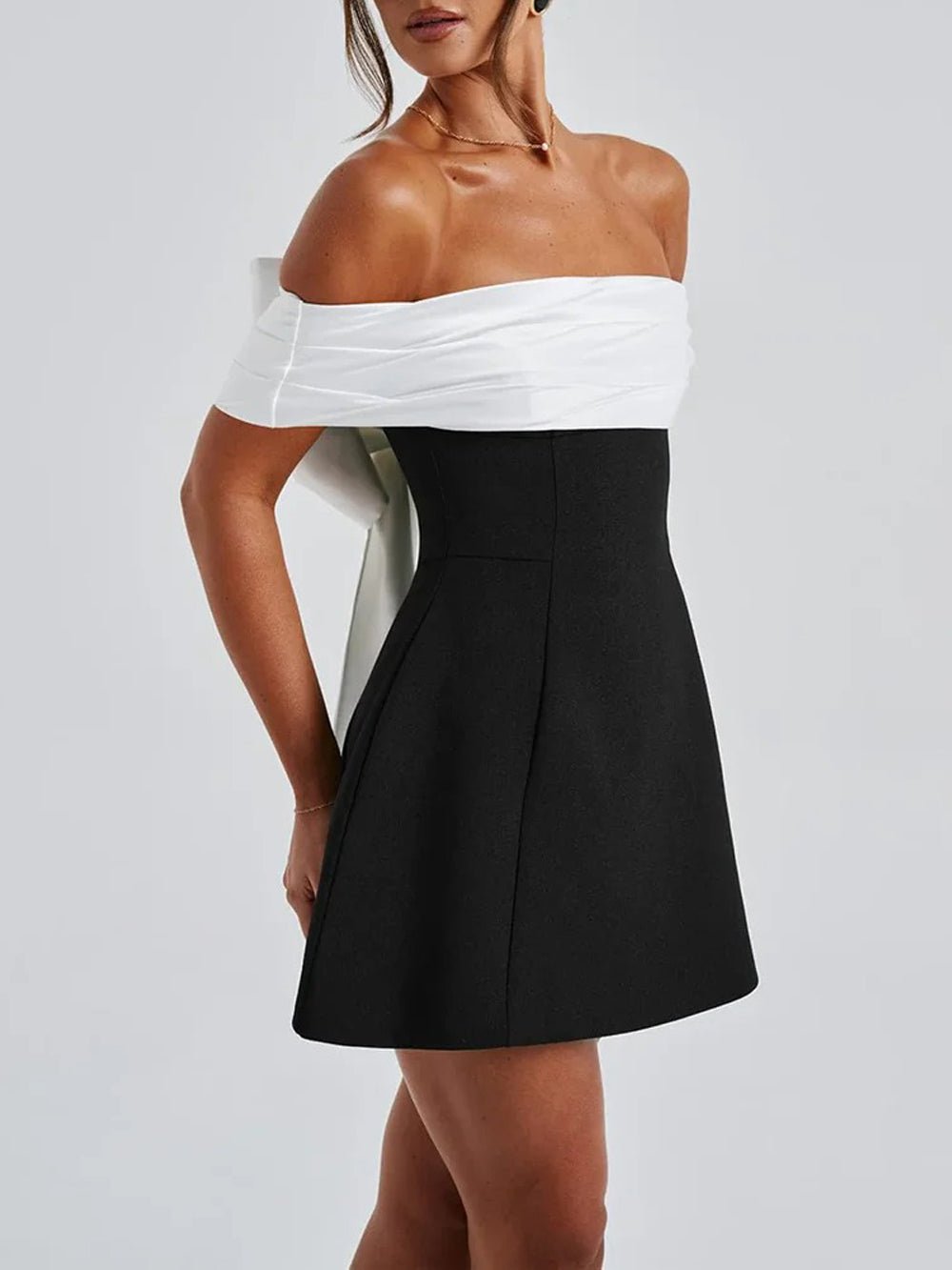 Black Off Shoulder Colorblock Structured Fit and Flare Mini Dress 3