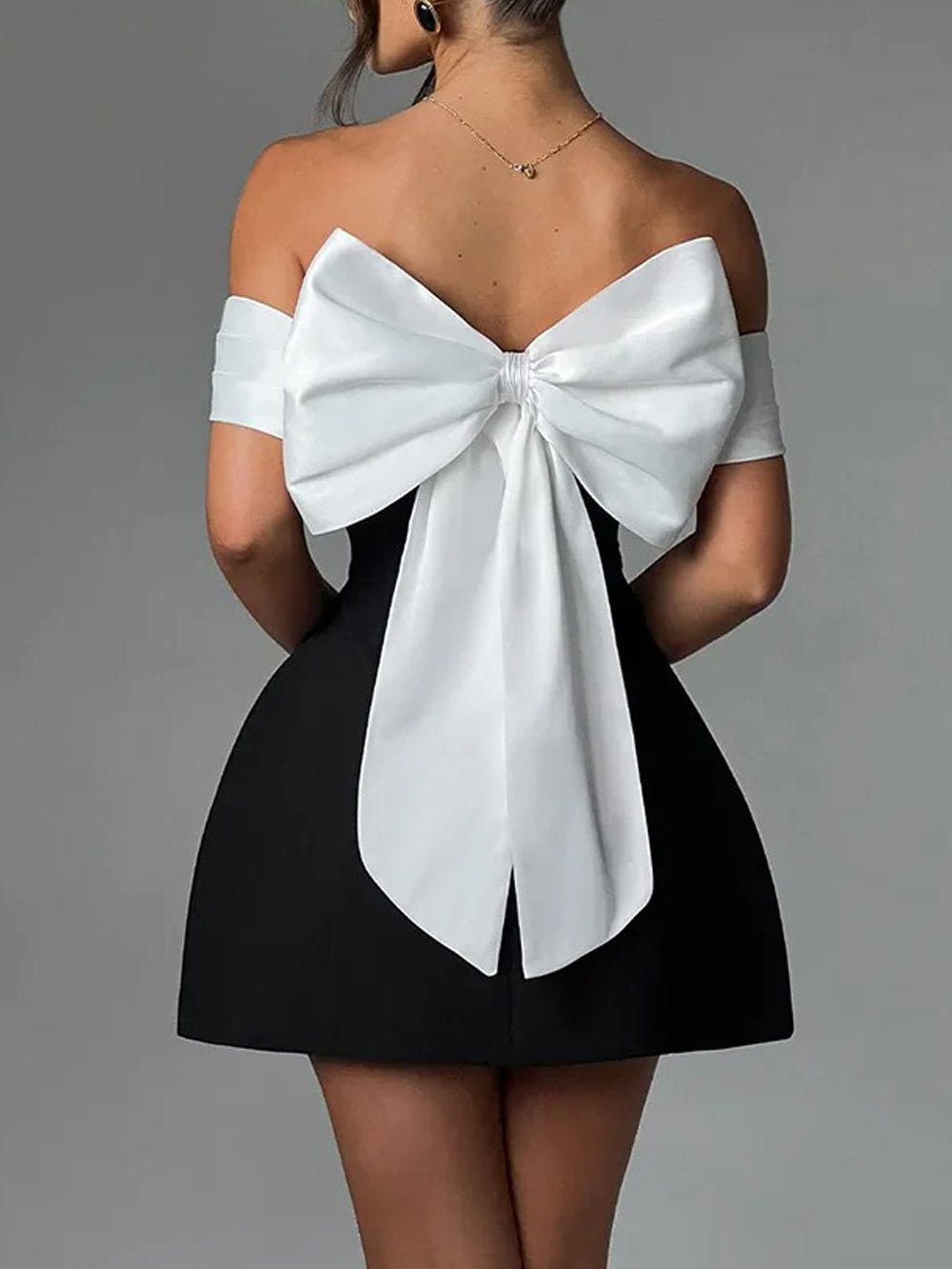 Black Off Shoulder Colorblock Structured Fit and Flare Mini Dress 2