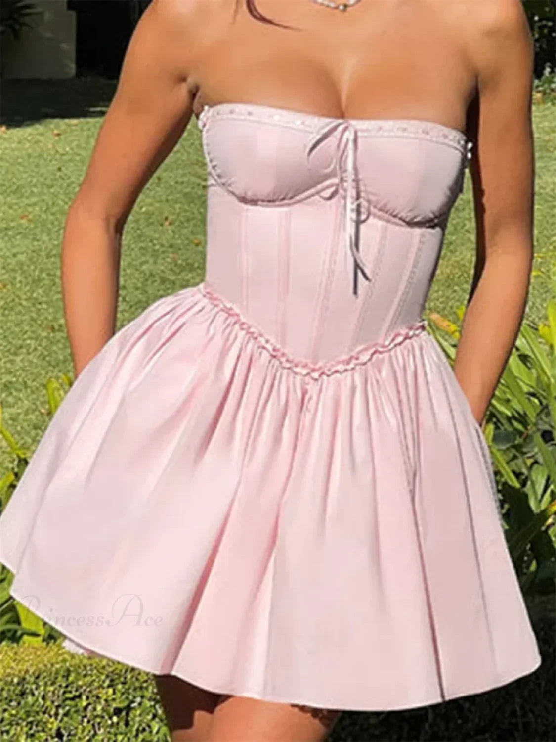 Corset Tie-Up Lace Trim Mini Dress pink / S minidress-250223