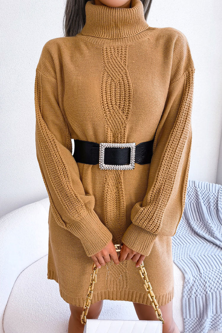 Khaki Turtleneck Long Sleeve Cable Knit Belted Sweater Mini Dress