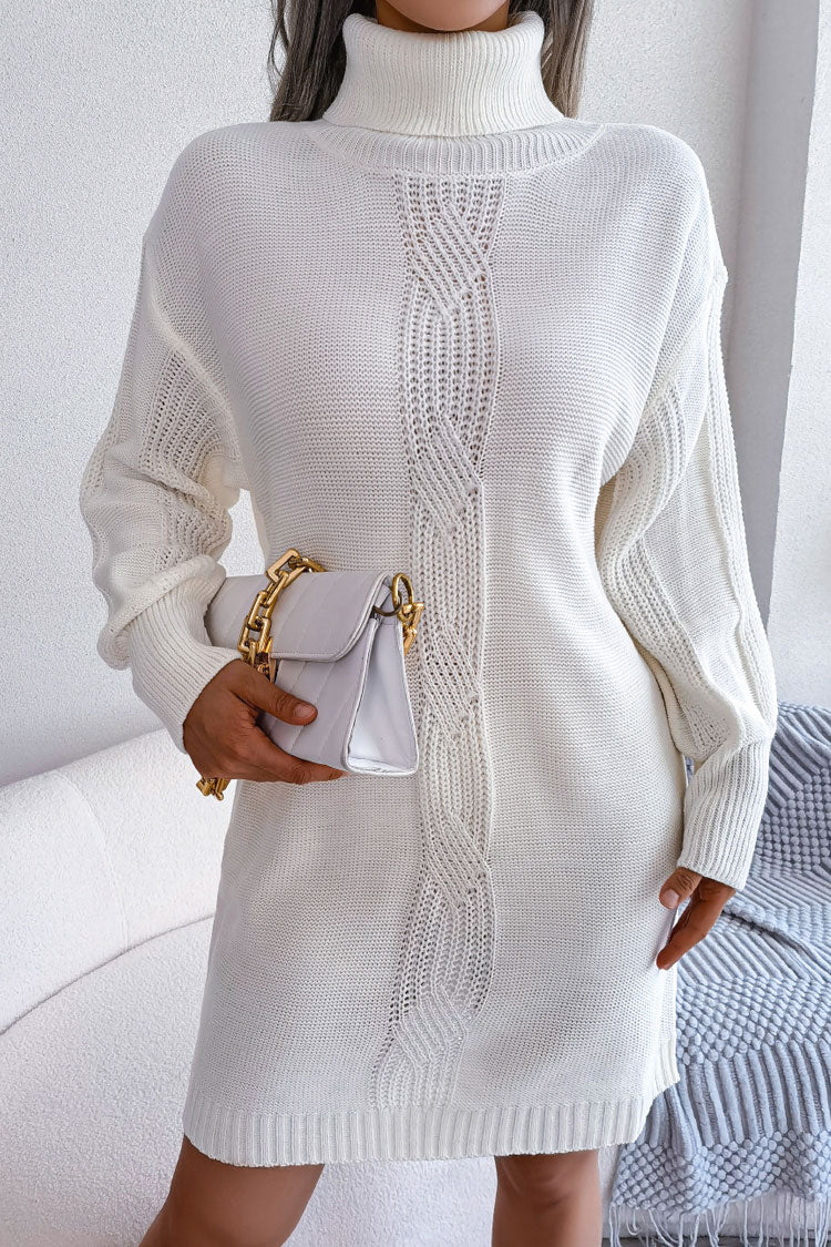 White Turtleneck Long Sleeve Cable Knit Sweater Mini Dress