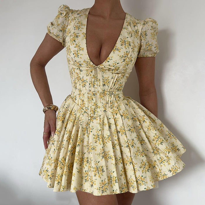 Ditsy Floral V Neck Puff Sleeve Corset Waist Skater Mini Dress 5
