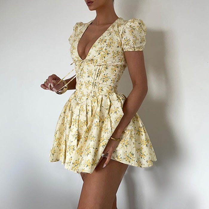 Ditsy Floral V Neck Puff Sleeve Corset Waist Skater Mini Dress 6