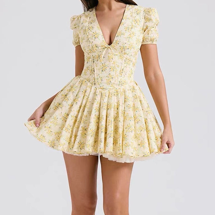 Ditsy Floral V Neck Puff Sleeve Corset Waist Skater Mini Dress 8