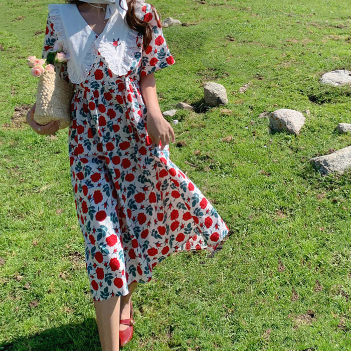 Floral Print Oversized Lace Collar Empire Waist Midi Dress 3