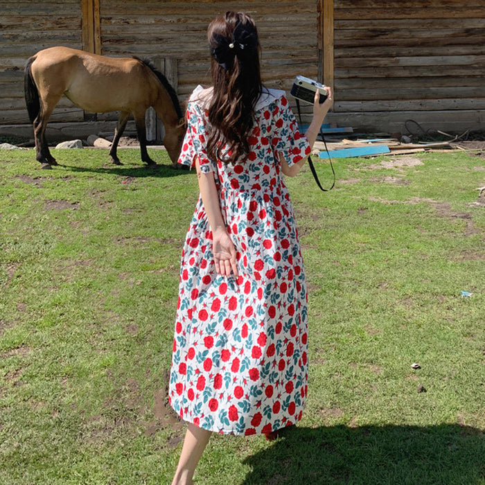Floral Print Oversized Lace Collar Empire Waist Midi Dress 6
