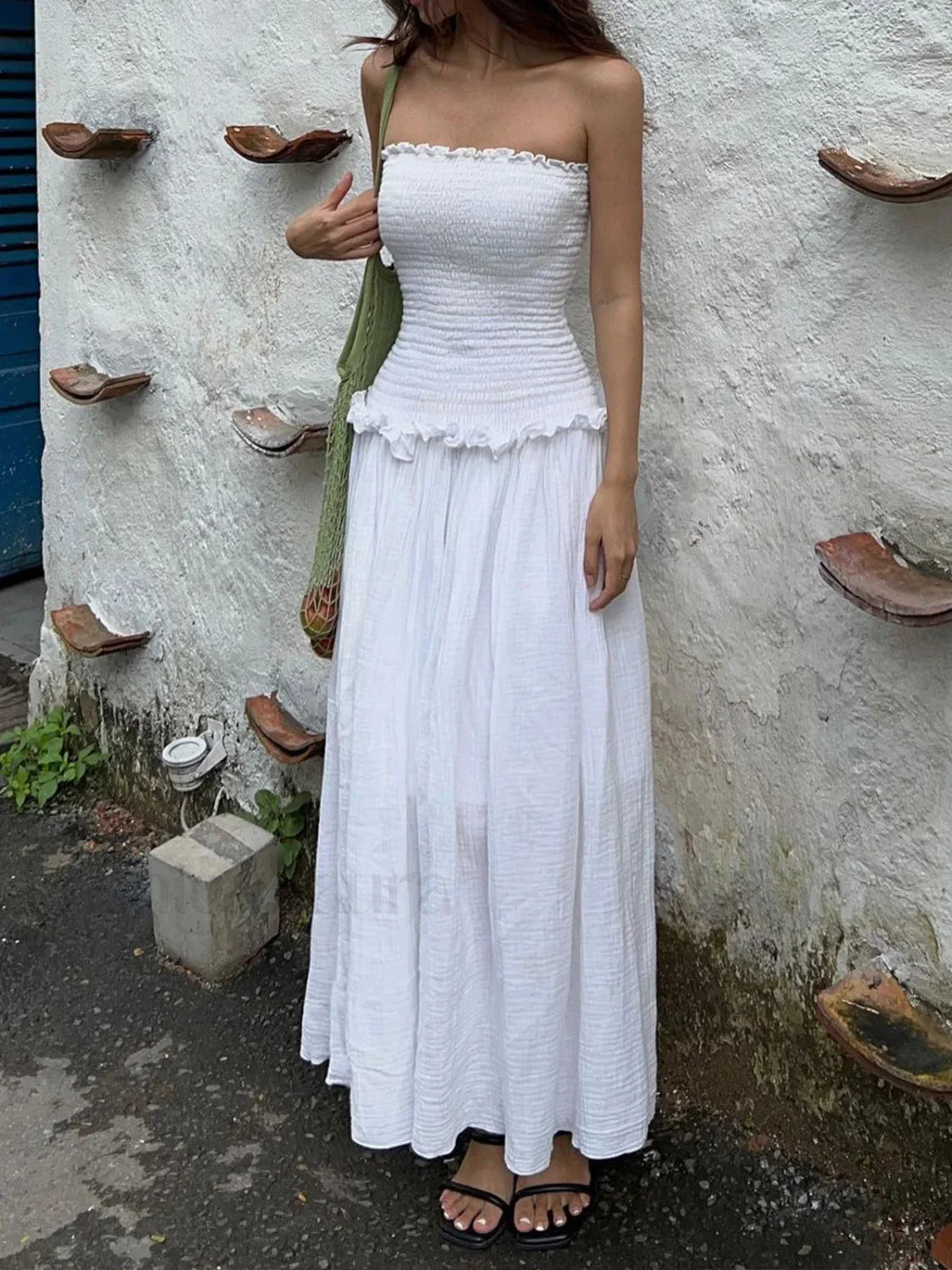 Cotton Blends Shirred Tube Long Dress White / XS Dresses