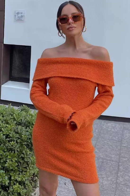 Orange Off-Shoulder Foldover Long Sleeve Knit Sweater Bodycon Mini Dress