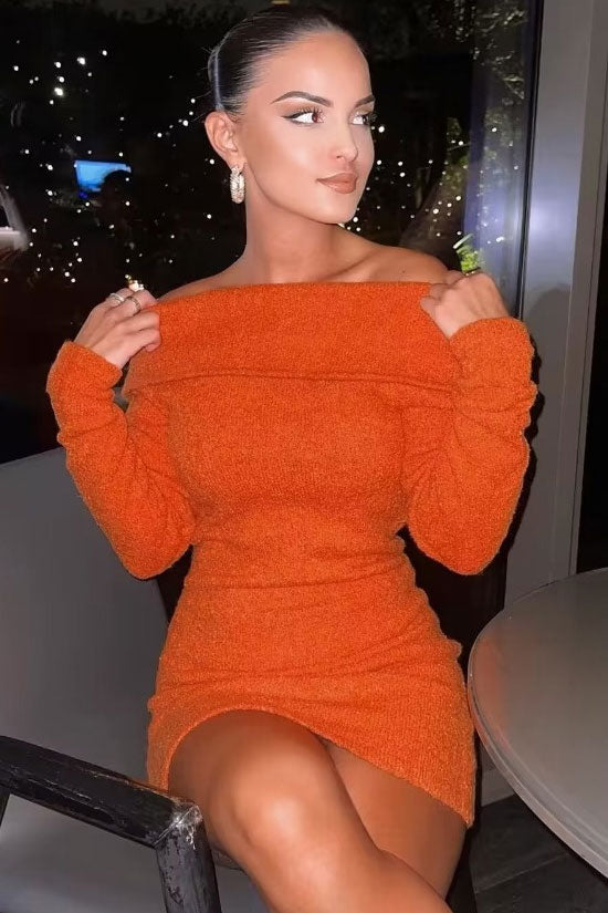 Orange Off-Shoulder Foldover Long Sleeve Knit Sweater Bodycon Mini Dress