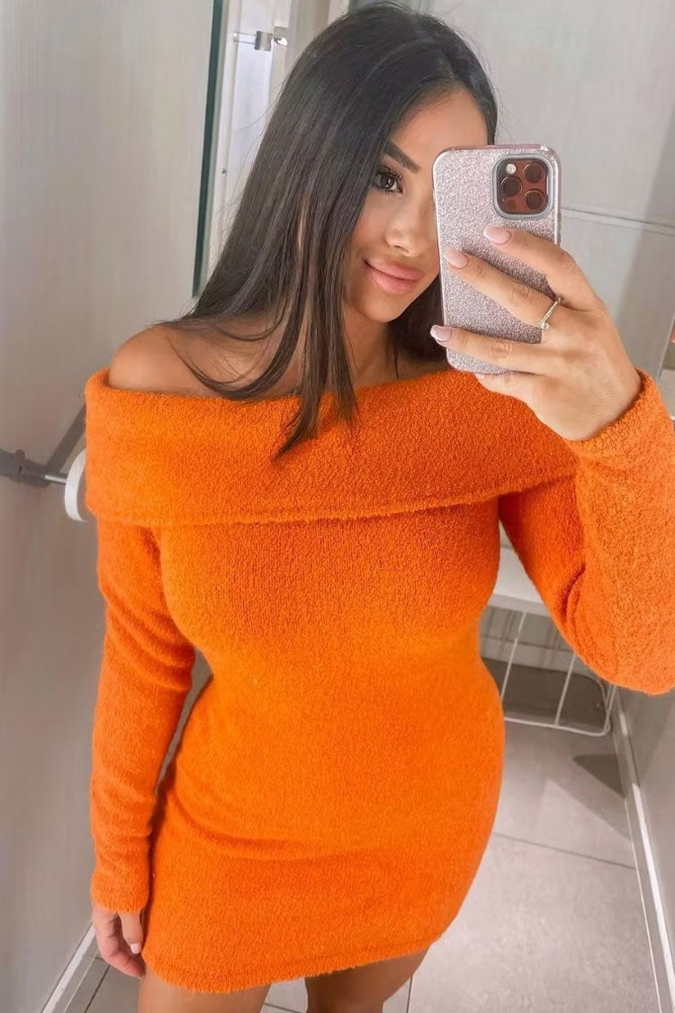Orange Off-Shoulder Foldover Long Sleeve Knit Sweater Bodycon Mini Dress