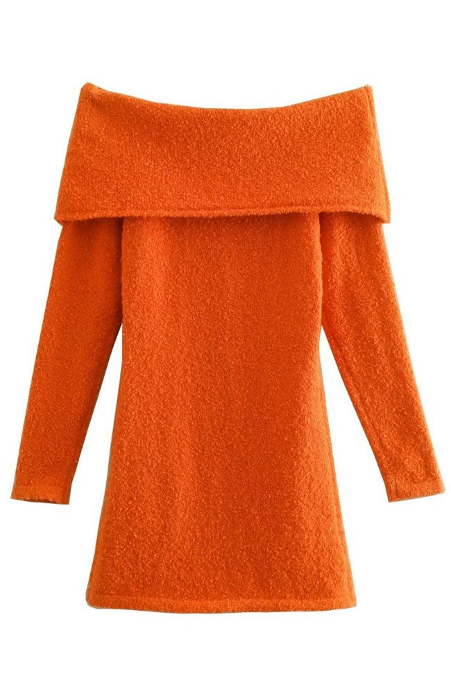 Orange Off-Shoulder Foldover Long Sleeve Knit Sweater Bodycon Mini Dress