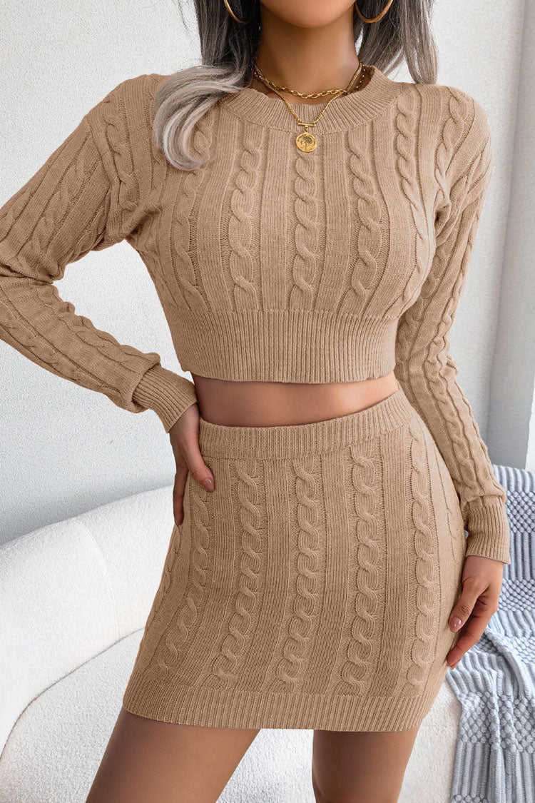 Khaki Crew Neck Cable Knit Crop Sweater Two Piece Set