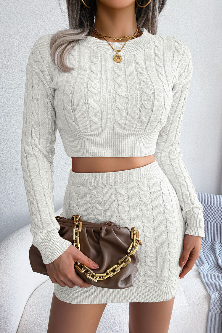 White Crew Neck Cable Knit Long Sleeve Crop Sweater Mini Skirt Set