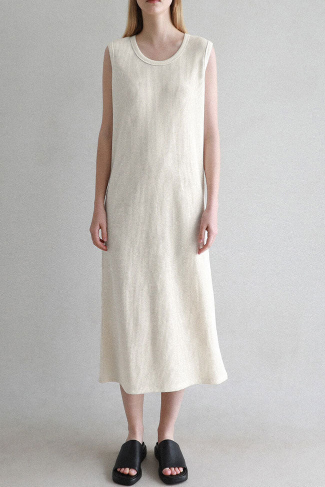 Off White Crew Neck Sleeveless Textured Rib Knit Straight Midi Dress