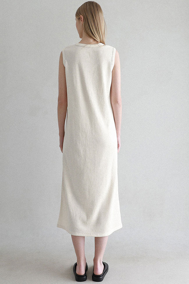 Off White Crew Neck Sleeveless Textured Rib Knit Straight Midi Dress