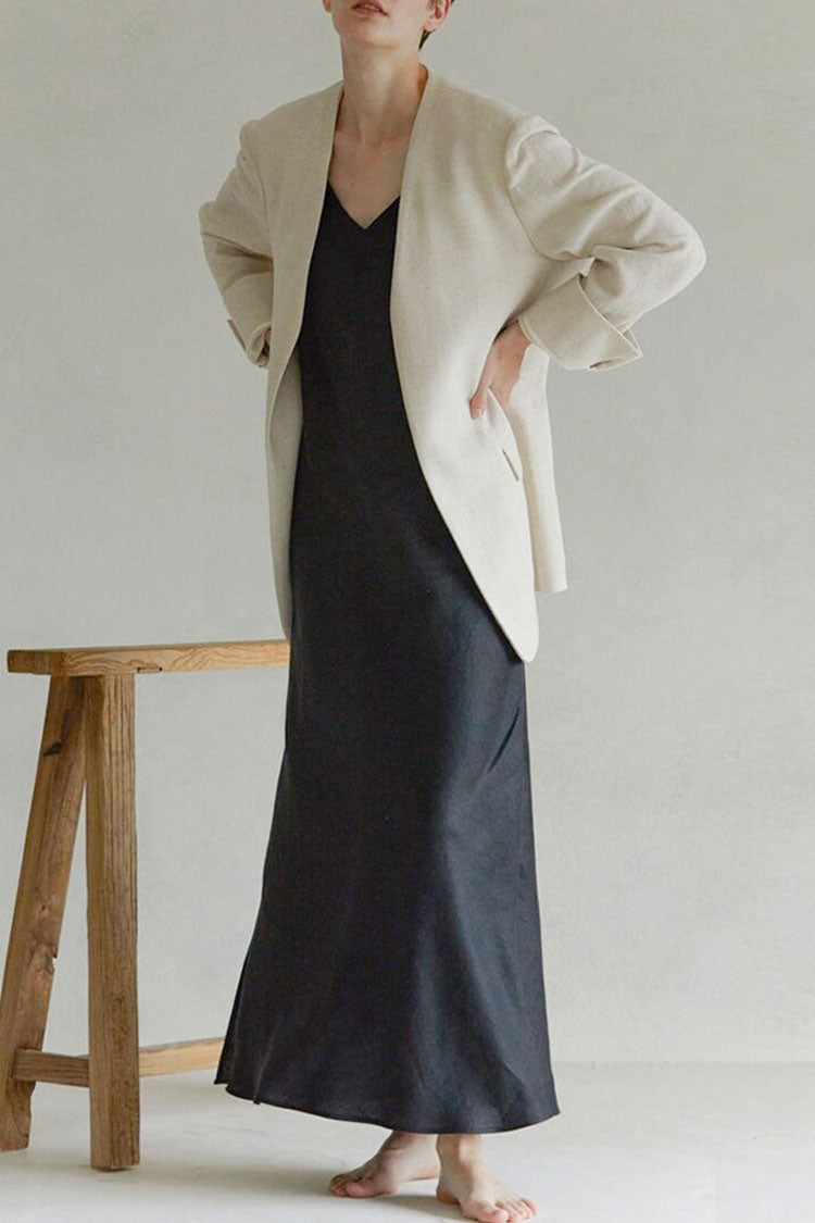 Black V-Neck Spaghetti Strap Linen Slip Maxi Dress