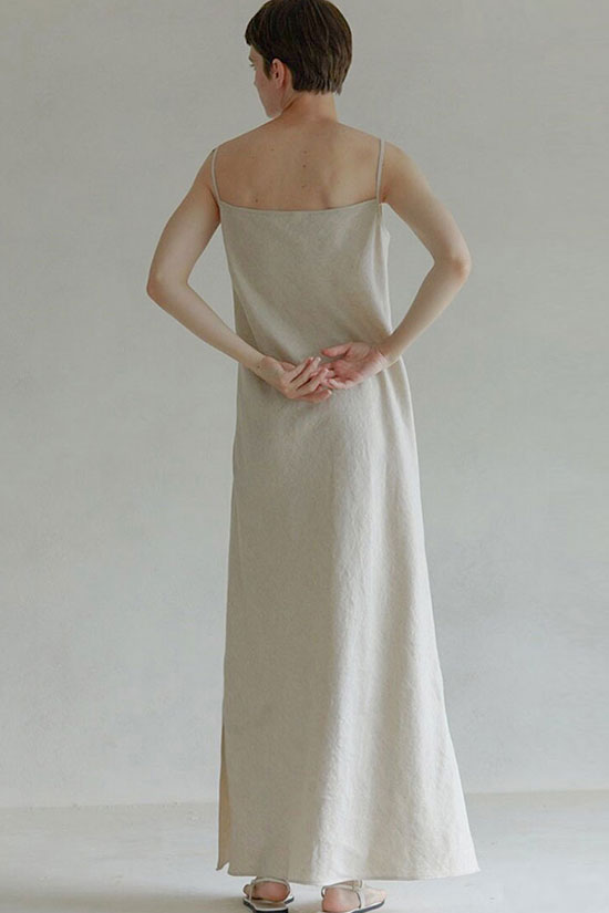 Oatmeal V-Neck Spaghetti Strap Linen Slip Maxi Dress