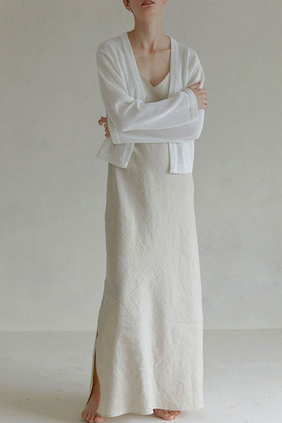 Oatmeal V-Neck Spaghetti Strap Linen Slip Maxi Dress