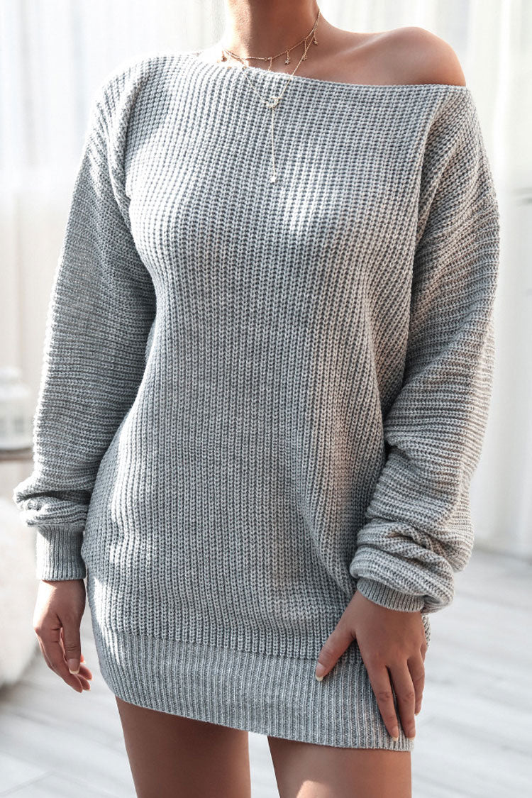 Gray Boat Neck Ribbed Knit Long Sleeve Sweater Mini Dress
