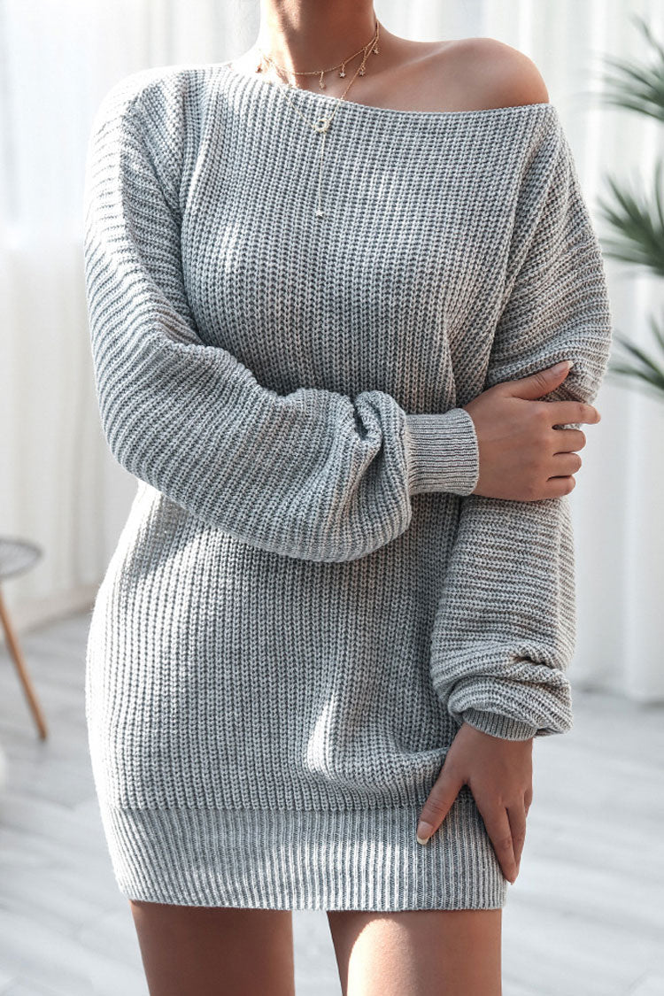 Gray Boat Neck Ribbed Knit Long Sleeve Sweater Mini Dress