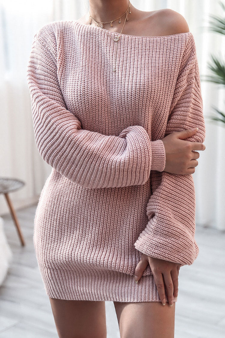 Pink Boat Neck Ribbed Knit Long Sleeve Sweater Mini Dress