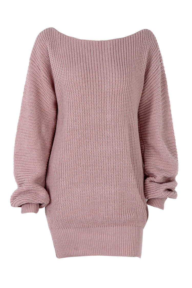 Pink Boat Neck Ribbed Knit Long Sleeve Sweater Mini Dress